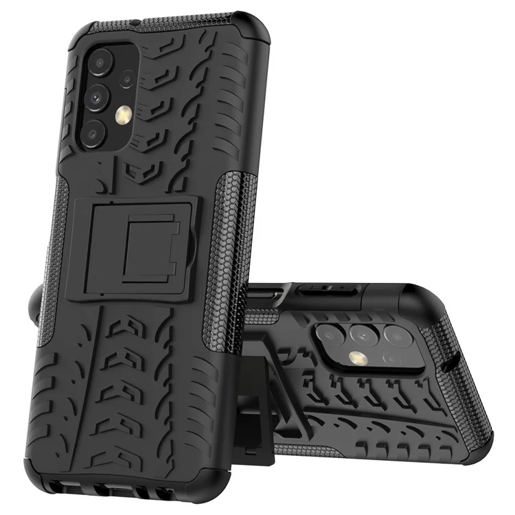 Tire Texture Non-Slip Phone Case for Samsung Galaxy A13 4G, Kickstand Heavy Duty Flexible TPU + Hard PC Hybrid Cover - Black