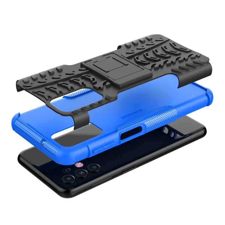 Funda de Teléfono Antideslizante con Textura de Neumático para Samsung Galaxy A13 4G, Soporte Resistente a los Golpes de TPU Flexible + Cubierta Híbrida de PC Duro - Azul