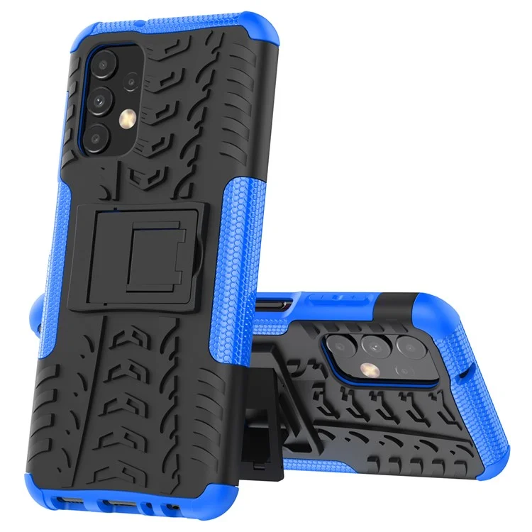 Funda Telefónica Antideslizante De La Textura De Los Neumáticos Para Samsung Galaxy A13 4G, KickStand TPU Flexible Flexible De Servicio Pesado + PC HARD HYBRID - Azul