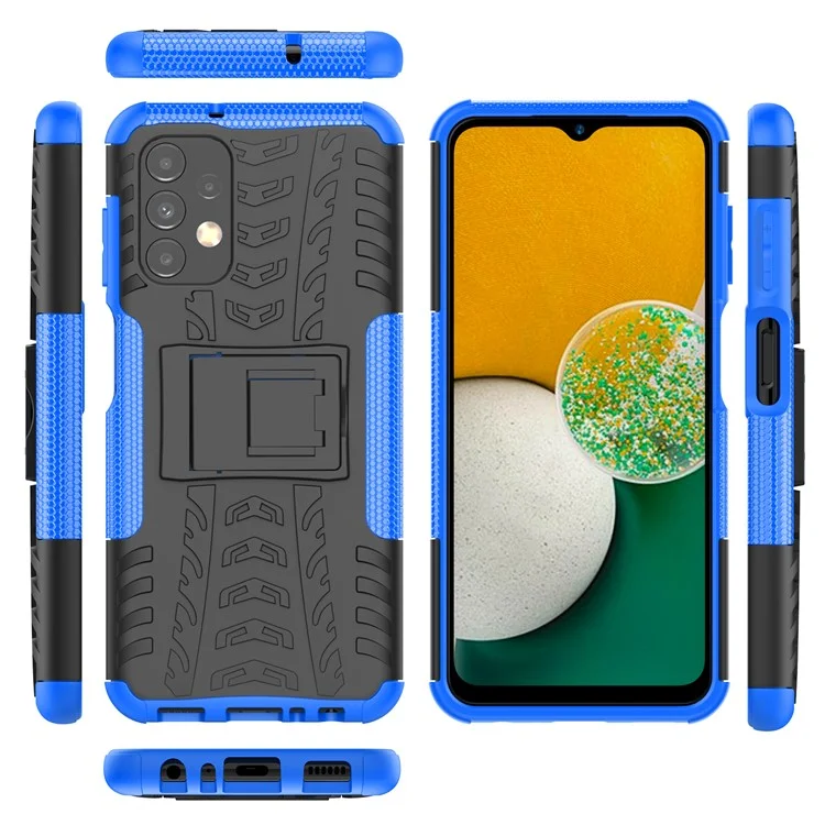 Funda de Teléfono Antideslizante con Textura de Neumático para Samsung Galaxy A13 4G, Soporte Resistente a los Golpes de TPU Flexible + Cubierta Híbrida de PC Duro - Azul