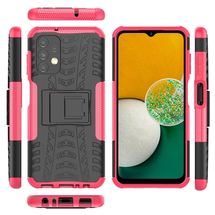 Funda Telefónica Antideslizante De La Textura De Los Neumáticos Para Samsung Galaxy A13 4G, KickStand TPU Flexible Flexible De Servicio Pesado + PC HARD HYBRID - Rosa