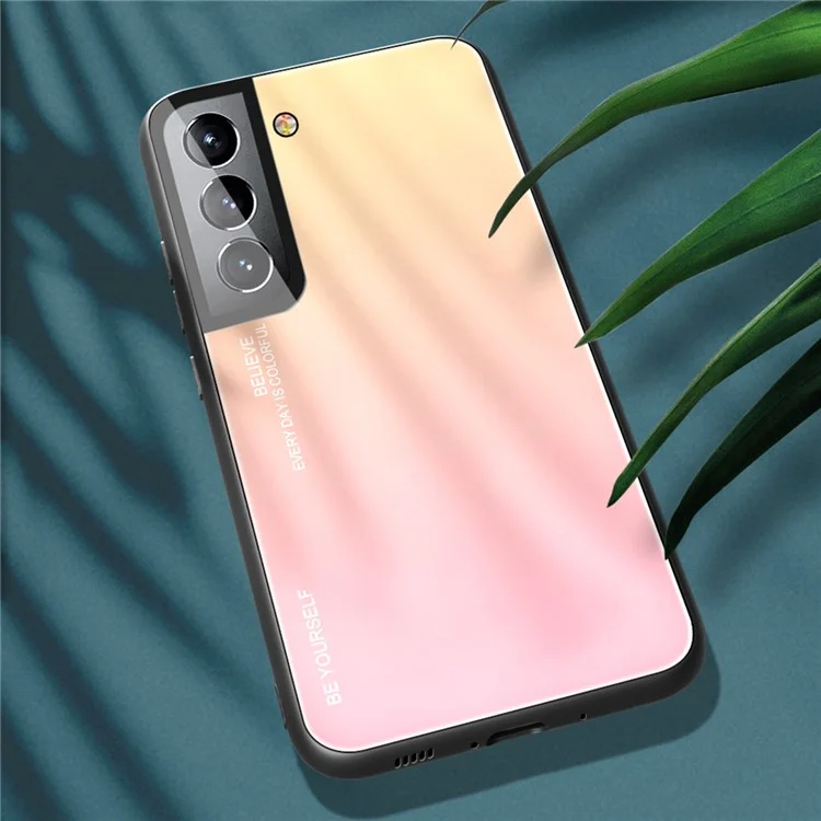 For Samsung Galaxy S22 5G Fashionable Gradient Tempered Glass Protective Cover TPU Frame Mobile Phone Shell Case - Gold/Pink