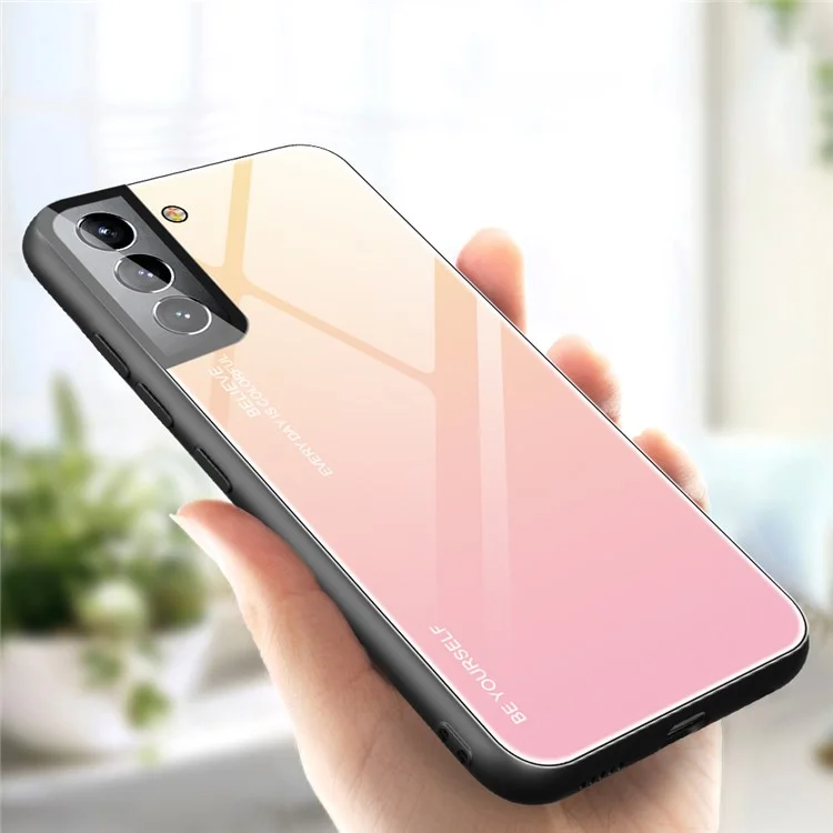 For Samsung Galaxy S22 5G Fashionable Gradient Tempered Glass Protective Cover TPU Frame Mobile Phone Shell Case - Gold/Pink