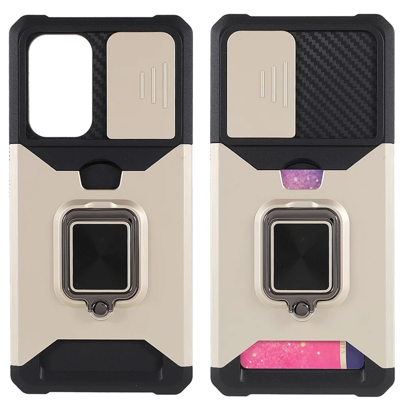 For Samsung Galaxy A53 5G PC + TPU Camera Slider Phone Case Anti-scratch Card Slot + Metal Kickstand Design Mobile Phone Shell - Gold
