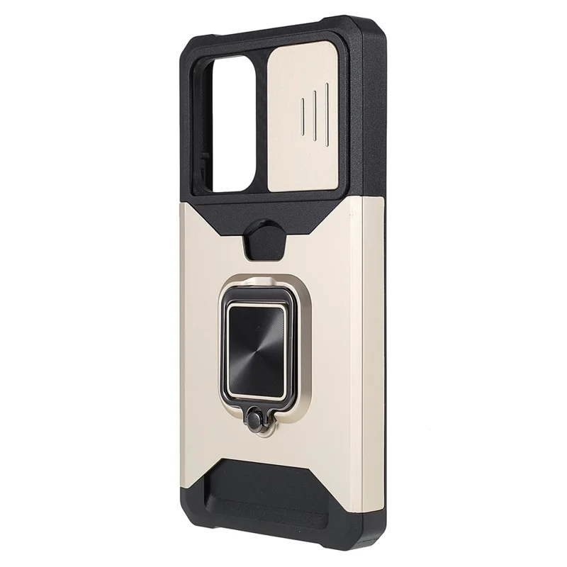 For Samsung Galaxy A53 5G PC + TPU Camera Slider Phone Case Anti-scratch Card Slot + Metal Kickstand Design Mobile Phone Shell - Gold