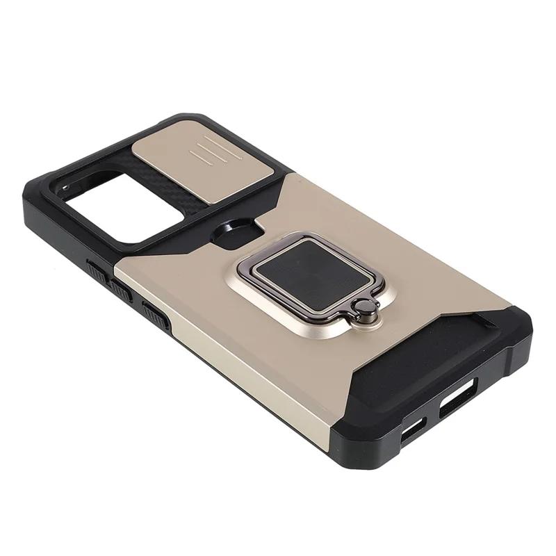 For Samsung Galaxy A53 5G PC + TPU Camera Slider Phone Case Anti-scratch Card Slot + Metal Kickstand Design Mobile Phone Shell - Gold