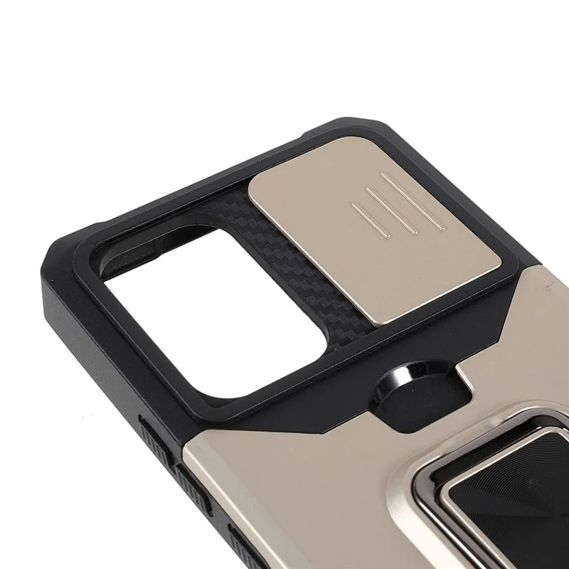 For Samsung Galaxy A53 5G PC + TPU Camera Slider Phone Case Anti-scratch Card Slot + Metal Kickstand Design Mobile Phone Shell - Gold