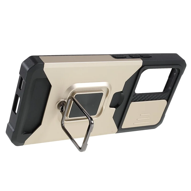 For Samsung Galaxy A53 5G PC + TPU Camera Slider Phone Case Anti-scratch Card Slot + Metal Kickstand Design Mobile Phone Shell - Gold