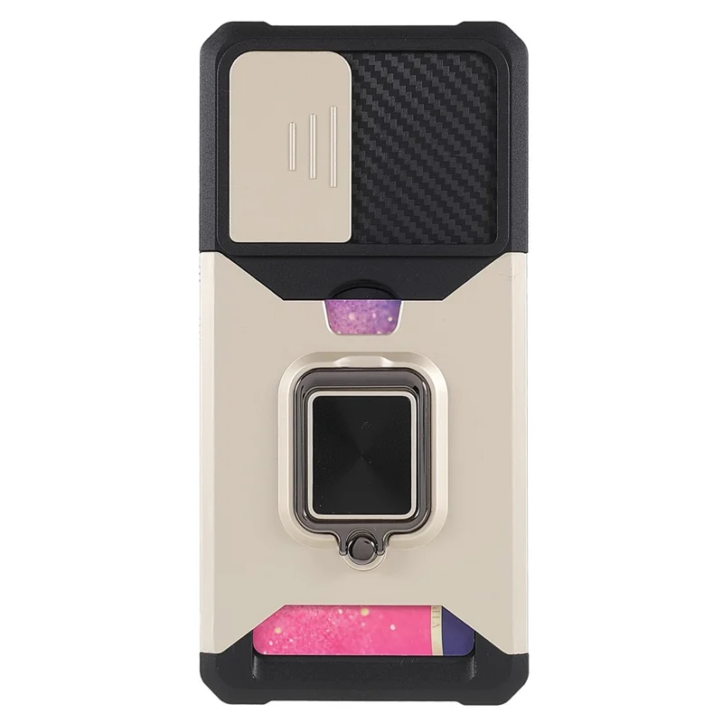 For Samsung Galaxy A53 5G PC + TPU Camera Slider Phone Case Anti-scratch Card Slot + Metal Kickstand Design Mobile Phone Shell - Gold