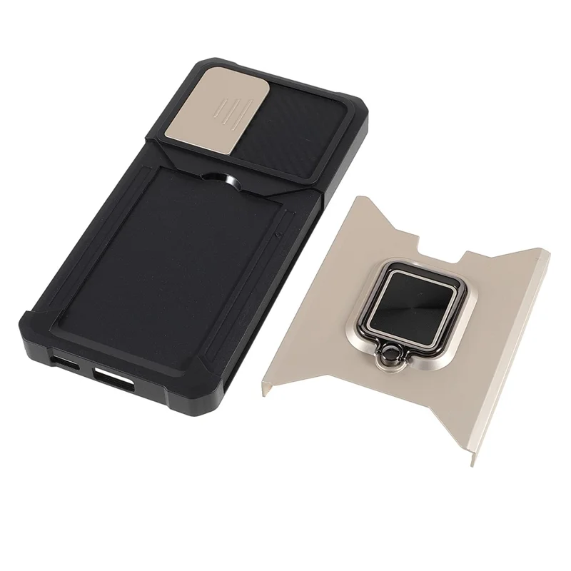 For Samsung Galaxy A53 5G PC + TPU Camera Slider Phone Case Anti-scratch Card Slot + Metal Kickstand Design Mobile Phone Shell - Gold