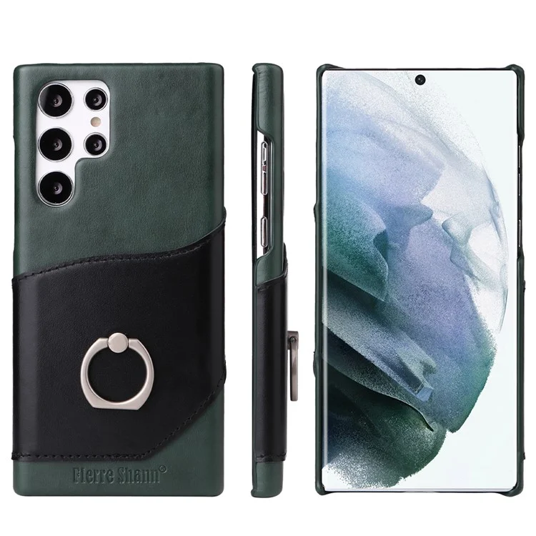 Fierre Shann Para Samsung Galaxy S22 Ultra 5G Genuine Leather Cube Case Tarn Rango Anillo de Pata - Verde