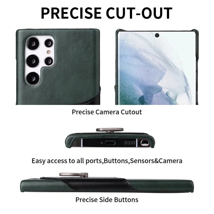 Fierre Shann Para Samsung Galaxy S22 Ultra 5G Genuine Leather Cube Case Tarn Rango Anillo de Pata - Verde