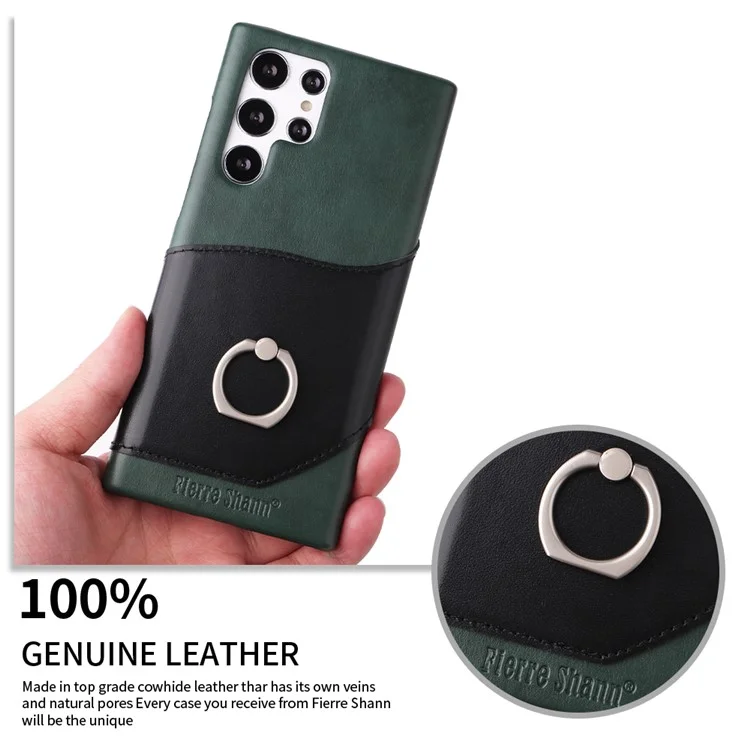 Fierre Shann Para Samsung Galaxy S22 Ultra 5G Genuine Leather Cube Case Tarn Rango Anillo de Pata - Verde