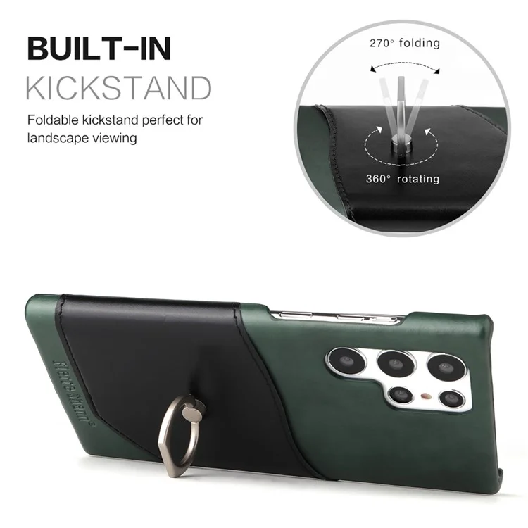 Fierre Shann Para Samsung Galaxy S22 Ultra 5G Genuine Leather Cube Case Tarn Rango Anillo de Pata - Verde