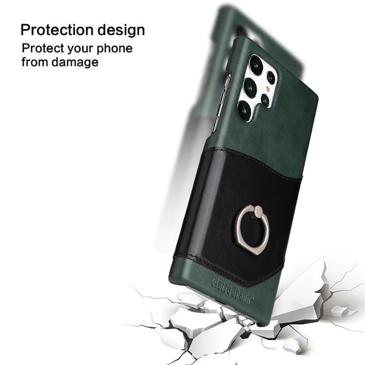 Fierre Shann Para Samsung Galaxy S22 Ultra 5G Genuine Leather Cube Case Tarn Rango Anillo de Pata - Verde
