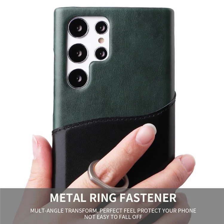 Fierre Shann Para Samsung Galaxy S22 Ultra 5G Genuine Leather Cube Case Tarn Rango Anillo de Pata - Verde