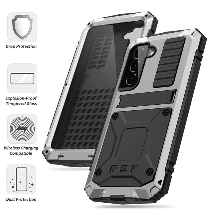 Pour Samsung Galaxy S22 5G Kickstand TPU + Étui de téléphone en métal antichoc antipoussière résistant aux chutes Housse de protection - Argent
