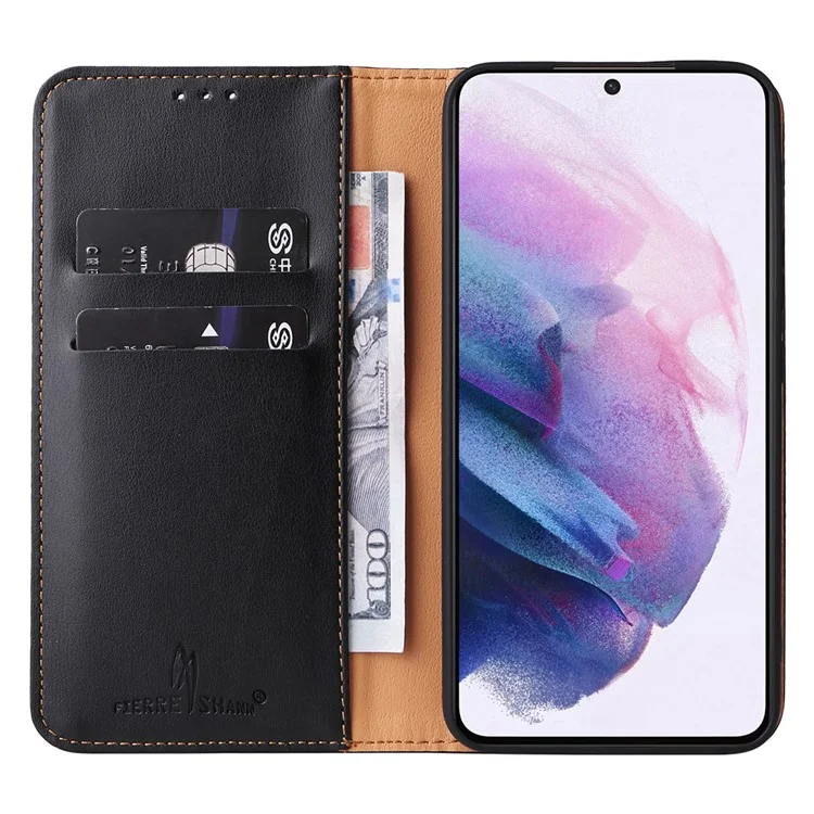 Fierre Shann Pour Samsung Galaxy S22 5G PU Cuir + TPU Téléphone Folio Flip Stand Wallet Cell Telephone Cover - le Noir