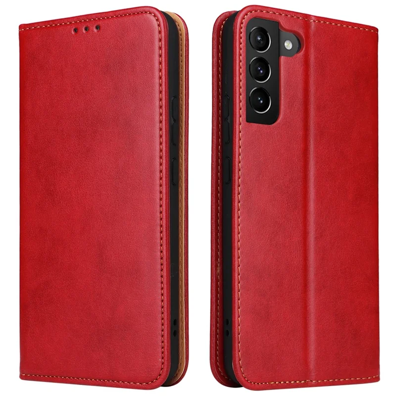 FIERRE SHANN For Samsung Galaxy S22 5G PU Leather + TPU Phone Case Folio Flip Stand Wallet Cellphone Cover - Red