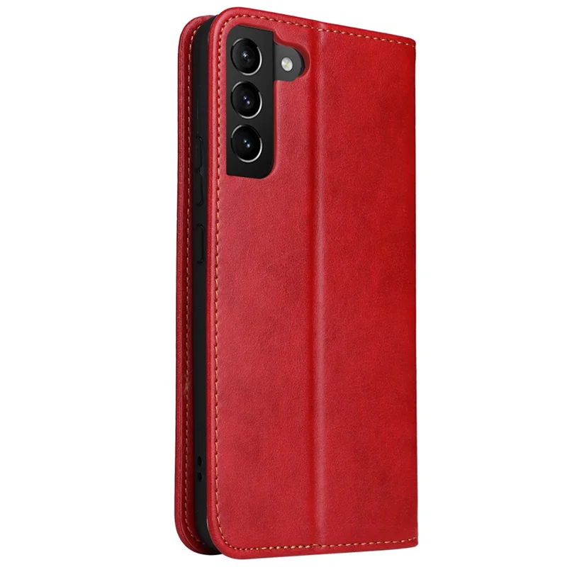 FIERRE SHANN For Samsung Galaxy S22 5G PU Leather + TPU Phone Case Folio Flip Stand Wallet Cellphone Cover - Red