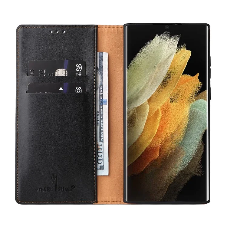 Fierre Shann Pour Samsung Galaxy S22 Ultra 5G PU Portefeuille en Cuir Stand Folio Flip Téléphone Couverture de Fermeture Automatique Magnétique - le Noir