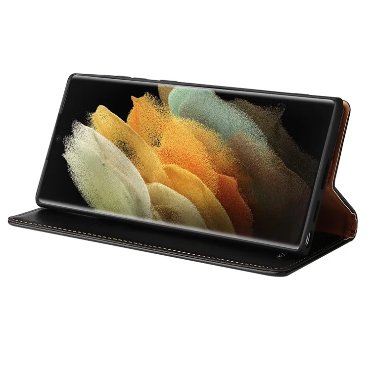 Fierre Shann Pour Samsung Galaxy S22 Ultra 5G PU Portefeuille en Cuir Stand Folio Flip Téléphone Couverture de Fermeture Automatique Magnétique - le Noir
