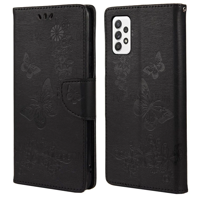 Für Samsung Galaxy A23 5G (Global) Big Butterflies Imprinted Leather Stand Case Wallet Cover - Schwarz