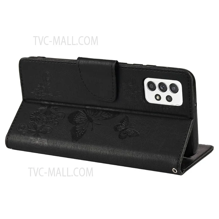 Für Samsung Galaxy A23 5G (Global) Big Butterflies Imprinted Leather Stand Case Wallet Cover - Schwarz