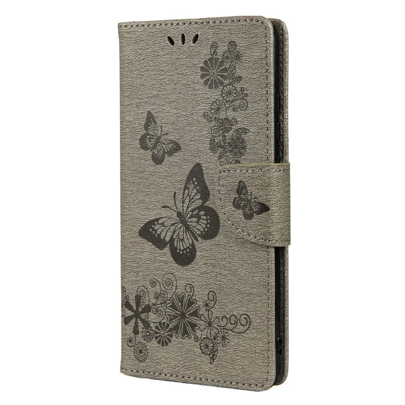 For Samsung Galaxy A23 5G (Global) Big Butterflies Imprinted Leather Stand Case Wallet Cover - Grey
