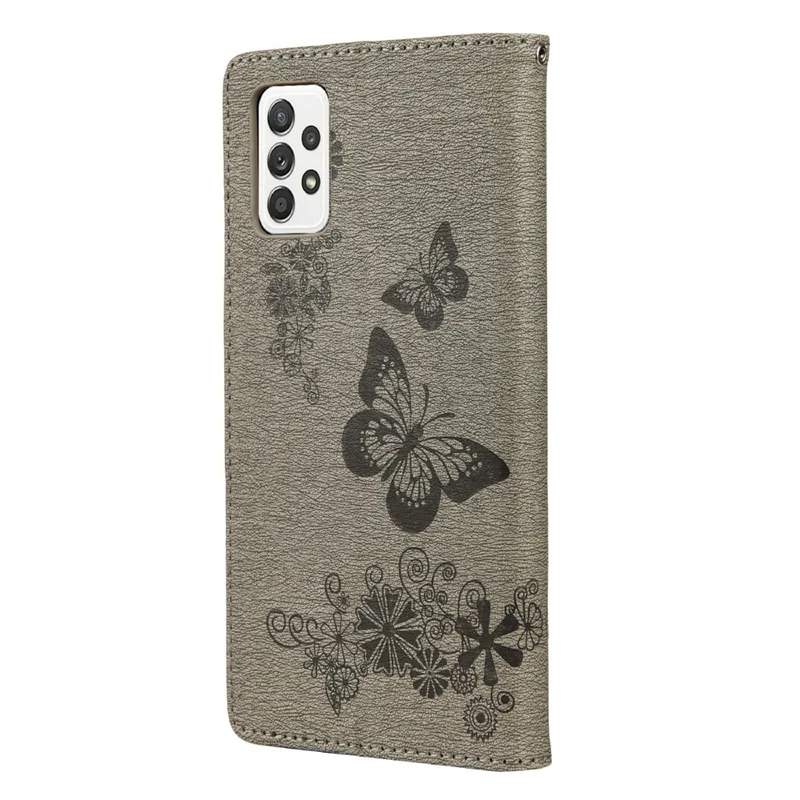 For Samsung Galaxy A23 5G (Global) Big Butterflies Imprinted Leather Stand Case Wallet Cover - Grey