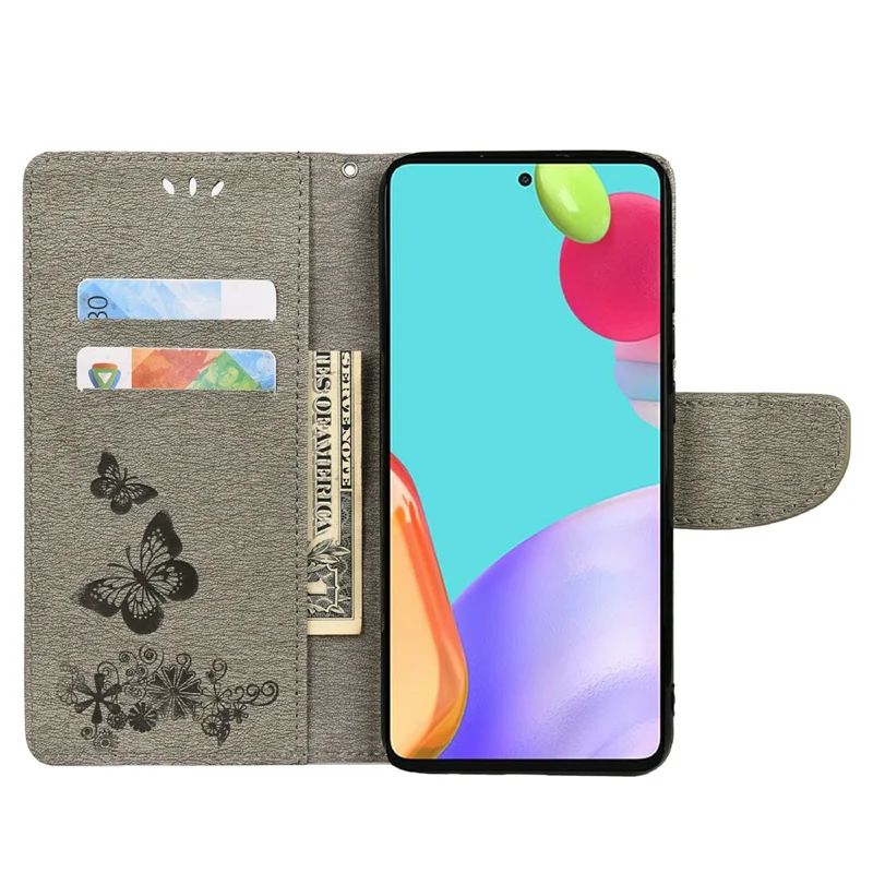 For Samsung Galaxy A23 5G (Global) Big Butterflies Imprinted Leather Stand Case Wallet Cover - Grey