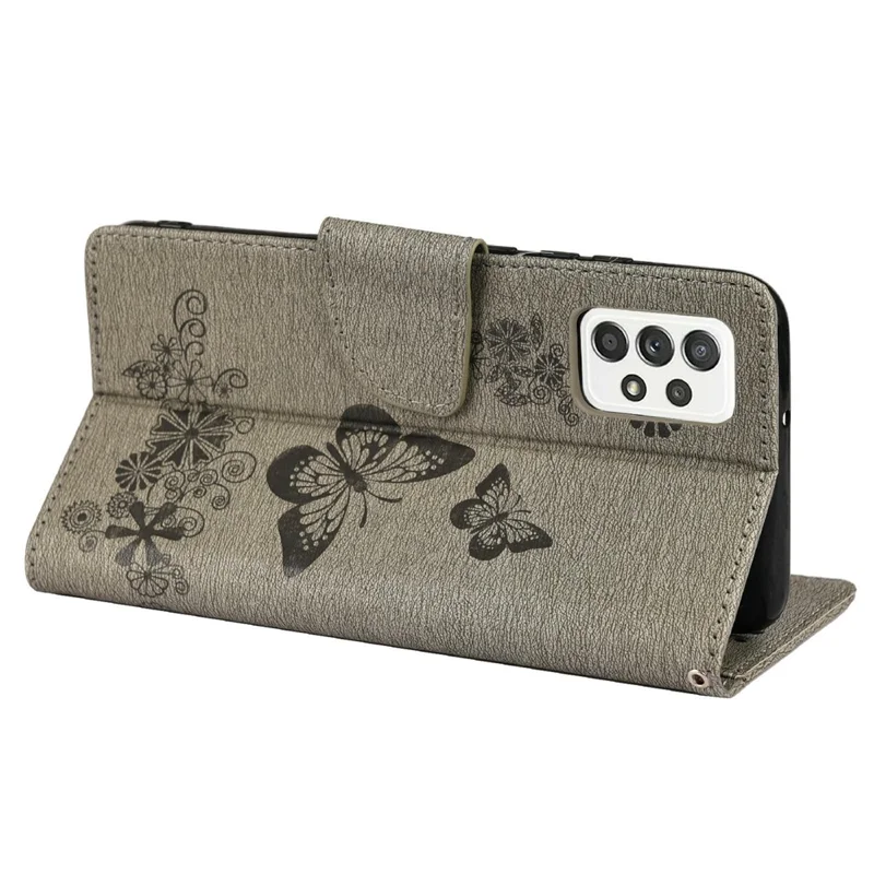 For Samsung Galaxy A23 5G (Global) Big Butterflies Imprinted Leather Stand Case Wallet Cover - Grey