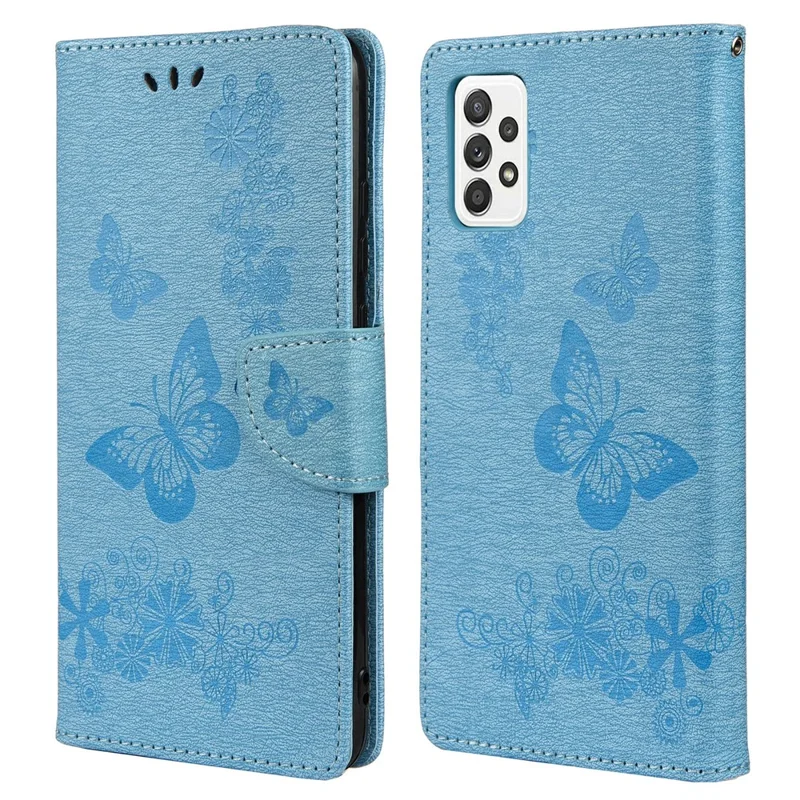 For Samsung Galaxy A23 5G (Global) Big Butterflies Imprinted Leather Stand Case Wallet Cover - Blue