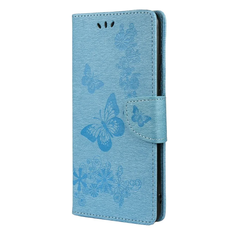 For Samsung Galaxy A23 5G (Global) Big Butterflies Imprinted Leather Stand Case Wallet Cover - Blue