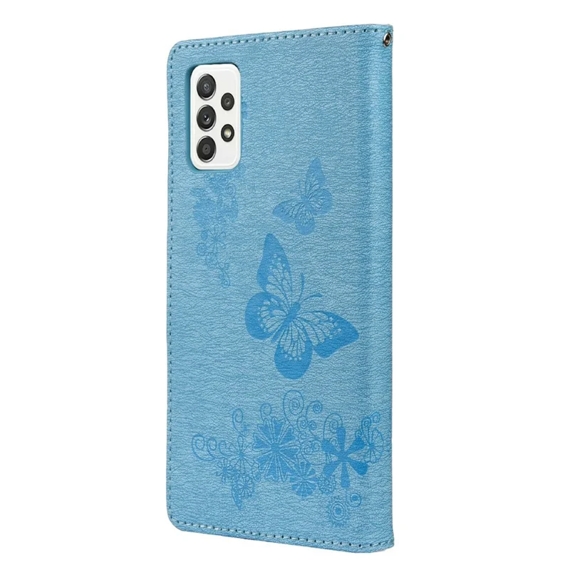 For Samsung Galaxy A23 5G (Global) Big Butterflies Imprinted Leather Stand Case Wallet Cover - Blue