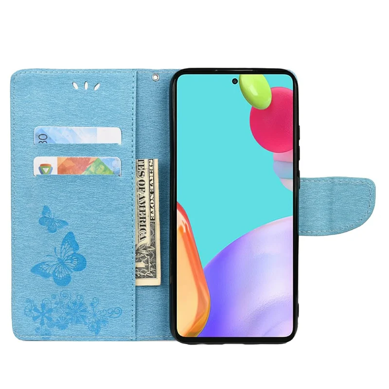 For Samsung Galaxy A23 5G (Global) Big Butterflies Imprinted Leather Stand Case Wallet Cover - Blue