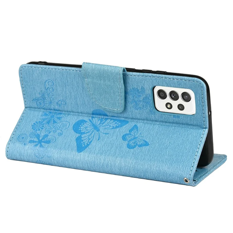 For Samsung Galaxy A23 5G (Global) Big Butterflies Imprinted Leather Stand Case Wallet Cover - Blue