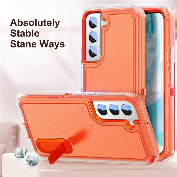 Defender Series Metal Kickstand Phone Case für Samsung Galaxy S22 5G, Stoßfeste PC + TPU Hybrid-Abdeckung - Transparent/Orange