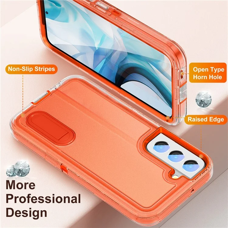 Defender Series Metal Kickstand Phone Case für Samsung Galaxy S22 5G, Stoßfeste PC + TPU Hybrid-Abdeckung - Transparent/Orange