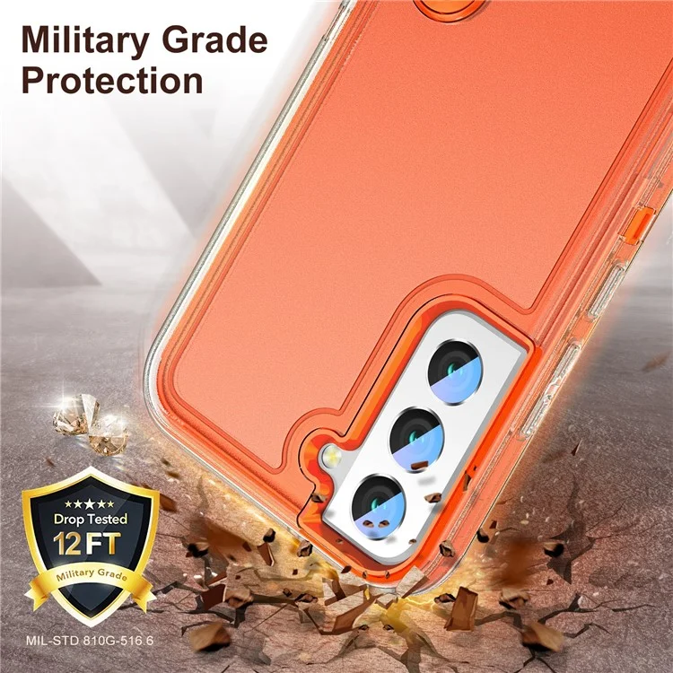 Defender Series Metal Kickstand Phone Case für Samsung Galaxy S22 5G, Stoßfeste PC + TPU Hybrid-Abdeckung - Transparent/Orange