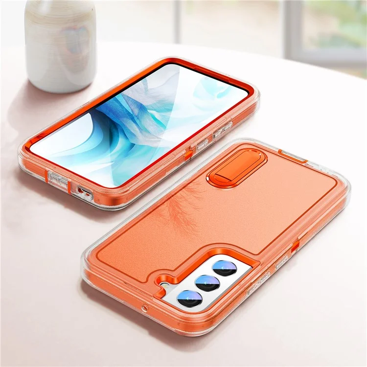 Defender Series Metal Kickstand Phone Case für Samsung Galaxy S22 5G, Stoßfeste PC + TPU Hybrid-Abdeckung - Transparent/Orange