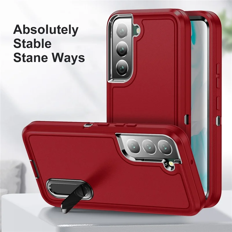 Defender Series Anti-drop Hard PC + Soft TPU Phone Case for Samsung Galaxy S22+ 5G, Hidden Kickstand Protective Cover - Black/Red