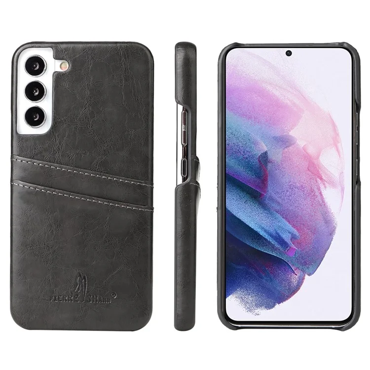 FIERRE SHANN For Samsung Galaxy S22 5G Oil Wax PU Leather Coated Hard PC Case Card Slots Phone Cover - Grey