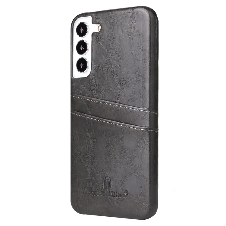 FIERRE SHANN For Samsung Galaxy S22 5G Oil Wax PU Leather Coated Hard PC Case Card Slots Phone Cover - Grey