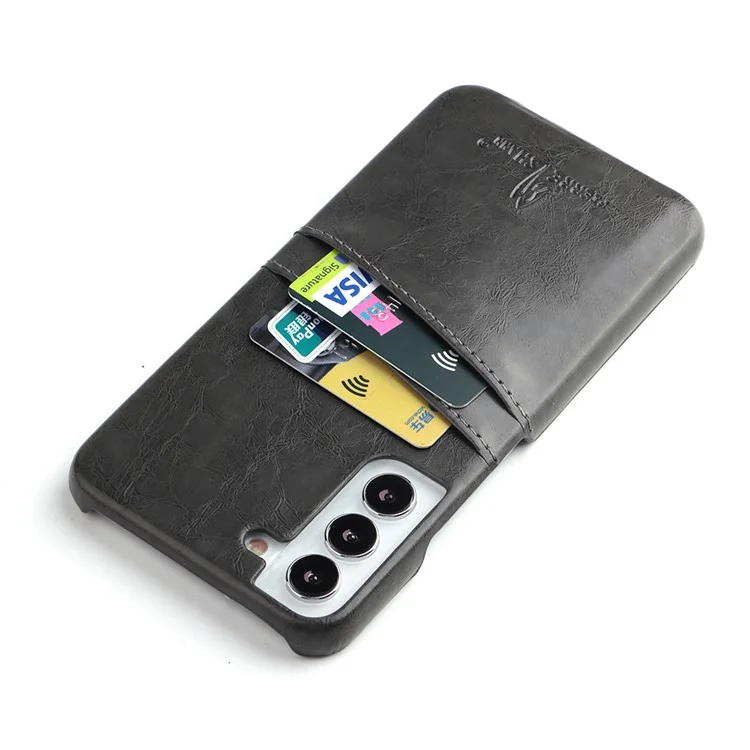 FIERRE SHANN For Samsung Galaxy S22 5G Oil Wax PU Leather Coated Hard PC Case Card Slots Phone Cover - Grey