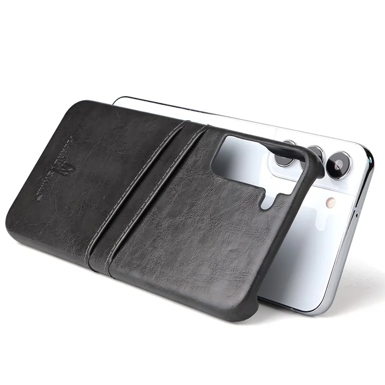 FIERRE SHANN For Samsung Galaxy S22 5G Oil Wax PU Leather Coated Hard PC Case Card Slots Phone Cover - Grey
