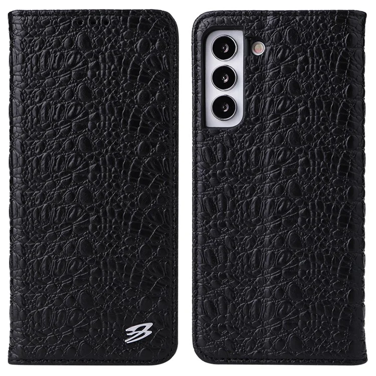Fierre Shann Für Samsung Galaxy S22 5G Top -layer -kuhspur -leder -krokodil -textur -brieftasche Magnetische Telefonhülle - Schwarz