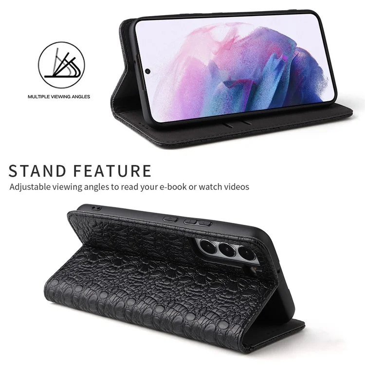 Fierre Shann Für Samsung Galaxy S22 5G Top -layer -kuhspur -leder -krokodil -textur -brieftasche Magnetische Telefonhülle - Schwarz