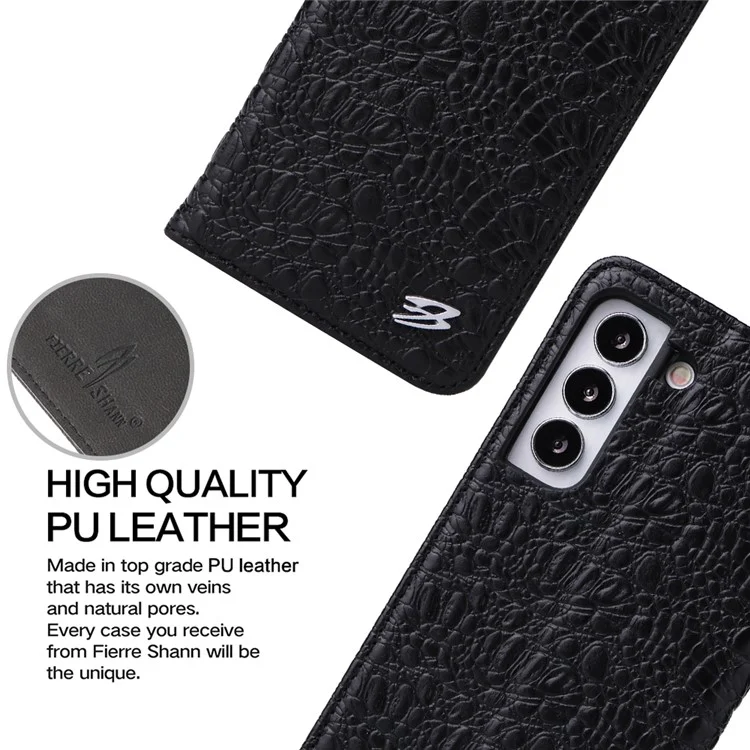 Fierre Shann Für Samsung Galaxy S22 5G Top -layer -kuhspur -leder -krokodil -textur -brieftasche Magnetische Telefonhülle - Schwarz
