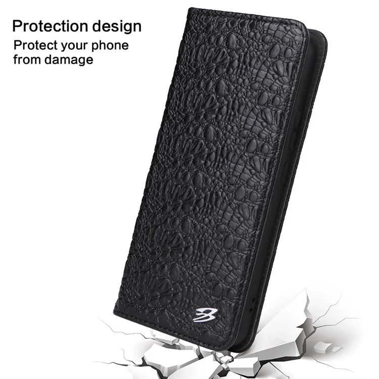 Fierre Shann Für Samsung Galaxy S22 5G Top -layer -kuhspur -leder -krokodil -textur -brieftasche Magnetische Telefonhülle - Schwarz